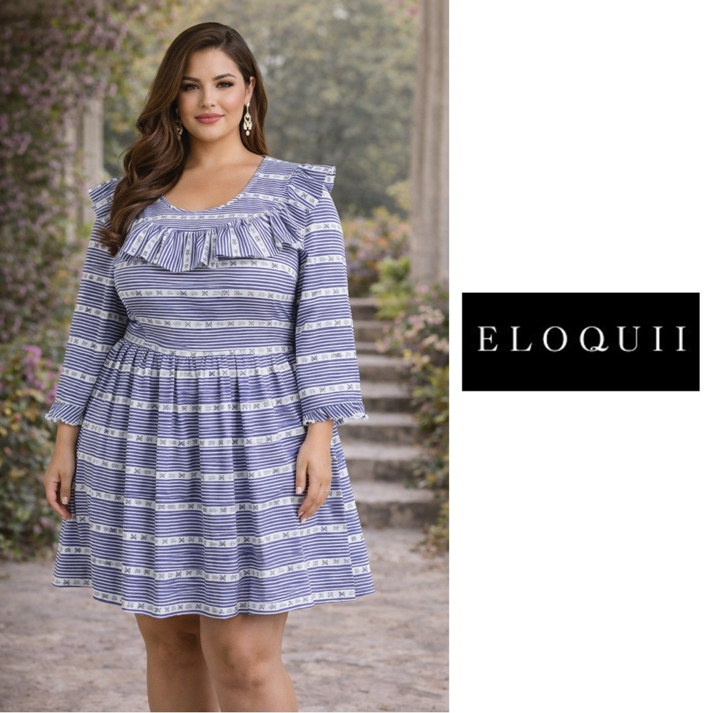 NEW Eloquii Blue Striped Ruffle Bib dress
